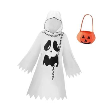 Imagem de IEUDNS Fantasia infantil de fantasma de Halloween com bolsa de abóbora, fantasia para festa e festival, 140cm