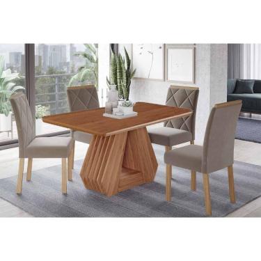 Imagem de Sala de Jantar Completa Ágata Tampo Madeirado 130x80cm e 4 Cadeiras Fernanda Cinamomo - Carvalho/Suede Joli Capuccino - Cimol