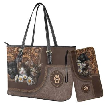 Imagem de Sannovo Conjunto de carteira e bolsa feminina Hobo Bolsa de Ombro com Bolsa Combinando Couro PU Alça Superior Bolsa, Marrom gato margarida girassol