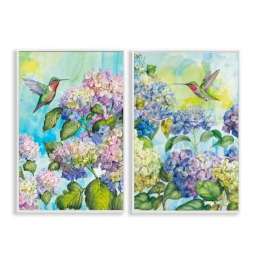 Imagem de Stupell Industries Conjunto de arte giclée emoldurado branco com beija-flores e hortênsias por Tim Coffey, 76 x 50 cm