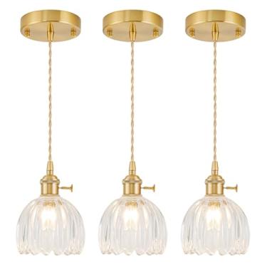 Imagem de Pacote com 3 mini luzes pendentes ilha de cozinha, luminária pequena ajustável com abajur de vidro tulipa transparente, iluminação pendente dourada vintage, luminária pendente para quarto, sala de