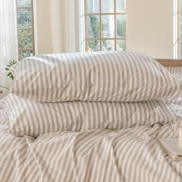 Imagem de MooMee Fronhas de cama listradas, pacote com 2 100% algodão lavado, linho, texturizado, respirável, durável, macio, confortável (listras clássicas de linho cinza, branco, queen)