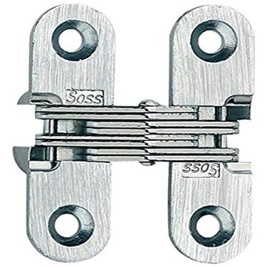 Imagem de SOSS Dobradiças invisíveis de montagem com 4 orifícios, zinco, acabamento cromado acetinado, altura da folha de 3,5 cm, largura da folha de 1,2 cm, espessura da folha de 5,2 cm x 2,5 cm tamanho do parafuso (10 pares)