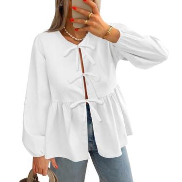 Imagem de Blusa feminina Tankaneo, com gravata frontal, manga comprida, branca