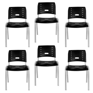 Imagem de Conjunto 6 Cadeiras Escritório Fixa Empilhável Hotel Auditório Elo Preto/Alumínio