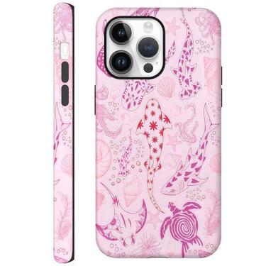Imagem de CAINAT Capas estéticas para iPhone 13 Pro Max, tubarões rosa, tartarugas, conchas de algas marinhas, capa protetora rígida híbrida de 2 camadas para mulheres e meninas