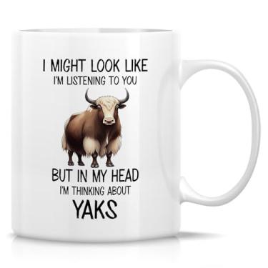 Imagem de Retreez Caneca engraçada de iaque – Caneca I'm Thinking About Yaks – Copo de café ou chá de cerâmica de 325 ml – Presente hilário para amantes de animais para amantes de gado, fãs de pastoreio