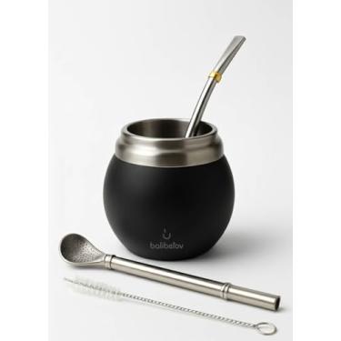 Imagem de BALIBETOV Kit de erva-mate – Inclui copo One Mate e conjunto Bombilla – Conjunto de cabaça e bomba de erva mate térmica de parede dupla de aço inoxidável (canudo) – Fácil de limpar e manter (preto)