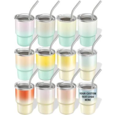 Imagem de PUMHUBO Copos de shot isolados de aço inoxidável de 85 g com tampas e canudos - Pronto para sublimação, mini copos de cor gradiente para coquetéis, festas na praia de casamento (menta - manteiga, 85 g