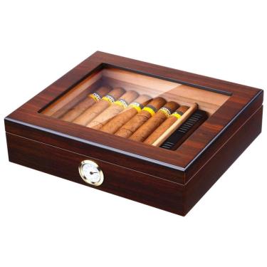 Imagem de Umidor de Charutos Artesanal Bald Eagle, Caixa de Cedro para Charutos com Humidificador e Higrômetro, Tampa de Vidro para 25 Charutos