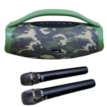 Imagem de Caixa de Som Bluetooth Portátil, Karaokê com 2 Microfones, 40W, Bateria 4000mAh, Cor Camuflada, Modelo X59