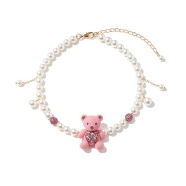 Imagem de Colar Perola Festa Delicado Luxo Urso Barroca Rosa-Gargantilha Choker Ursinho Fofo Strass Brilho -Presente Feminino Mãe Namorada Filha Girl Brilhante