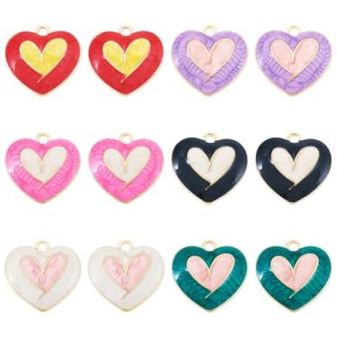 Imagem de 12 pingentes de coração esmaltados de liga de 18 x 18,5 x 4 mm cores mistas 6 cores de metal frio para colar faça você mesmo, pulseira, suprimentos para fabricação de joias DIY