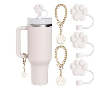 Imagem de Conjunto de 5 peças compatíveis com acessórios Stanley Cup, 3 protetores de canudo compatíveis com Stanley de 9 a 10 mm, 2 pingentes fofos de pata de cachorro para copo com alça (branco)