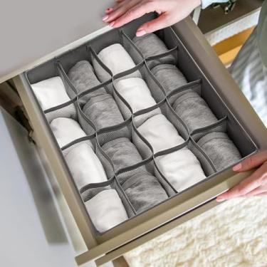 Imagem de Caixa organizadora de sutiã com divisórias, organizador de roupas íntimas dobrável para armário, armazenamento de lingerie de tecido com compartimentos para gaveta e organização de armário (cinza, 16