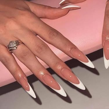 Imagem de Unhas de pressão de estilete médio longo com cola falsa branca francesa com design francês simples, cobertura completa, bastão falso artificial em unhas de acrílico para mulheres, casamento, 24 peças