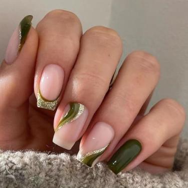 Imagem de Kit de unhas de pressão verde quadrado curto, unhas postiças com glitter com design de redemoinho cola em gel nas unhas para mulheres cobertura completa acrílico artificial bastão falso em unha para