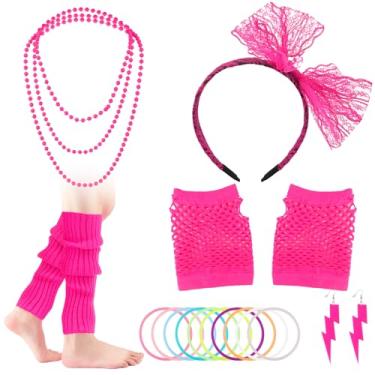 Imagem de Roupa feminina dos anos 80, acessórios dos anos 90, luvas arrastão, polainas, roupas neon, fantasias femininas de Halloween, Rosa neon, Neon Pink