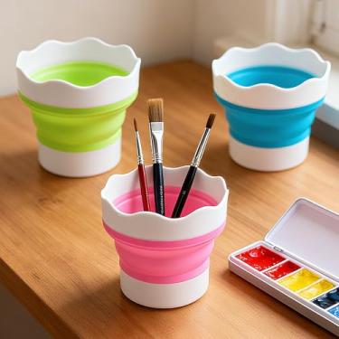 Imagem de Conjunto de 3 pincéis dobráveis de silicone, rosa, azul, amarelo, copo de limpeza portátil para aquarela e acrílico