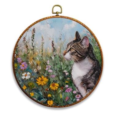 Imagem de NQDWX Gato em flores silvestres, pintura a óleo botânica vintage 25 x 25 cm, arte de parede em tela redonda, decoração aconchegante para sala de estar, quarto, entrada, decoração de parede rústica de