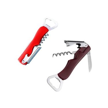 Imagem de PLAYTHROUGH Abridor de vinho compacto, pacote com 2, abridor de garrafa de cerveja para restaurante de cozinha e bar, design dobrável (vermelho, bordô)