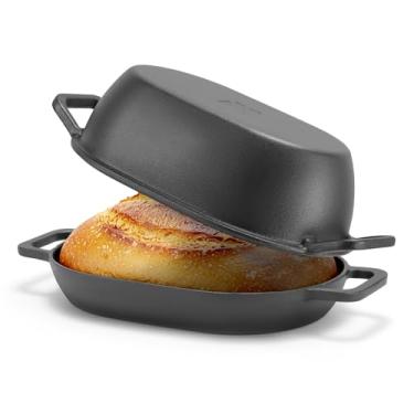 Imagem de Northriver Casting Forno holandês oval de ferro fundido de 5 litros para assar pão – Panela combinada pré-temperada de 30,5 x 20,3 cm com tampa profunda e base rasa, perfeita para fermento, pães