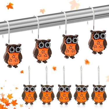 Imagem de Moxweyeni 12 ganchos de cortina de chuveiro de coruja de ação de graças, anéis de chuveiro decorativos de coruja 3D de aço inoxidável para decoração de banheiro outono outono cabides de cortina de