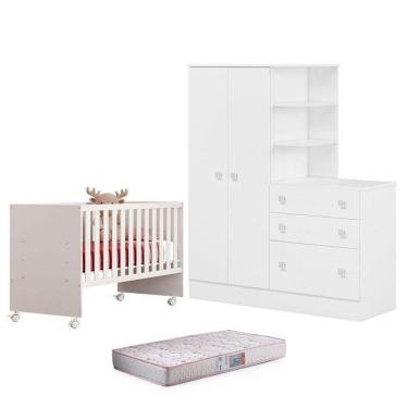 Imagem de Berço 3540 E Guarda Roupa Com Cômoda 4070 Doce Sonho Branco Brilho E Colchão Gazin – Qmovi
