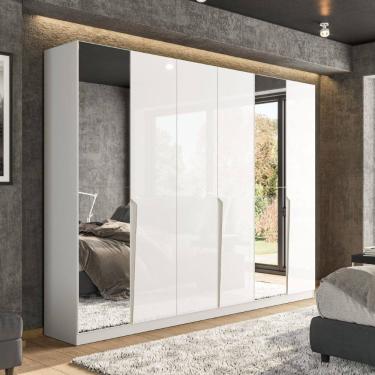 Imagem de Guarda Roupa Roupeiro 6 Portas 4 Gavetas com Espelho Porto Branco Politorno Móveis