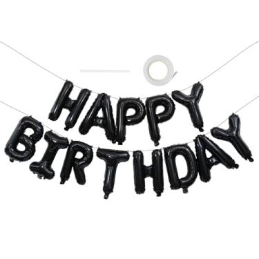 Imagem de Balão preto de faixa de feliz aniversário, 40,6 cm, faixa de bandeira Mylar, balão de alumínio para mulheres, homens e adultos celebrações de festa de aniversário
