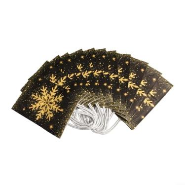 Imagem de 12 peças de sacos de presente de Natal pretos e dourados com desenhos festivos de árvore de floco de neve de rena, sacolas de papel reutilizáveis com alças torcidas para embalagem de lembrancinhas de