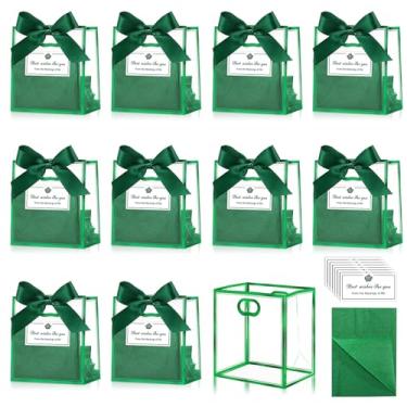 Imagem de Tenare Pacote com 12 mini sacos de presente de plástico transparente de 10 × 7 x 11 cm com alças extra pequena com laço de fita de papel de seda para artigos de festa de casamento (verde escuro)