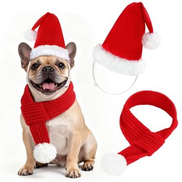Imagem de YUEPET Conjunto de chapéu e cachecol de Papai Noel 3D ajustável para cães, conjunto de fantasia de Natal macio para animais de estimação, cachecol vermelho de malha com bola pompom branca para cães