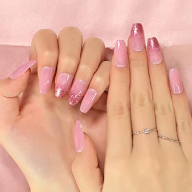 Imagem de 24 unhas postiças curtas médias quadradas de Natal rosa glitter ombré unhas postiças ponta francesa acrílico cobertura completa cola em unhas para mulheres, férias, reutilizável, decoração de unhas