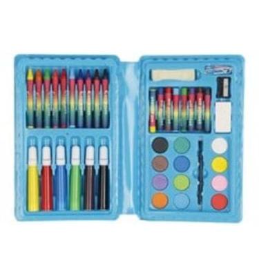 Imagem de Kit Escolar Infantil com 31 Peças, Maleta Artística em Plástico Azul, Conjunto de Giz de Cera, Lápis e Aquarela para Desenho e Pintura