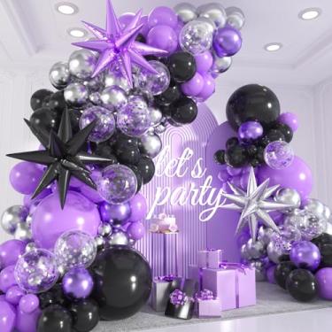 Imagem de Kit de arco de guirlanda de balão roxo e preto 135 peças com balões de confetes prateados metálicos - Decorações de festa de casamento de aniversário de formatura de Halloween (18 12 10 5 polegadas)