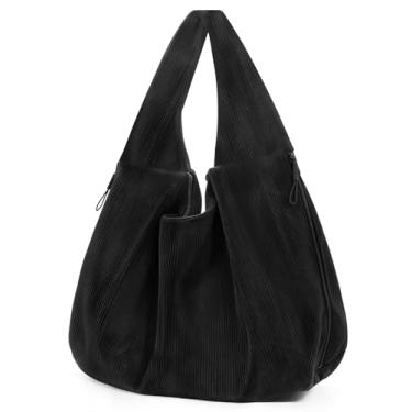 Imagem de CarryEpic Bolsa feminina de veludo cotelê, bolsa de mão de grande capacidade, preta