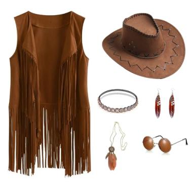 Imagem de RRMMNIU Conjunto de fantasia de vaqueira ocidental dos anos 60, 70, colete feminino com franjas hippie com chapéu, óculos de sol, acessórios de joias (marrom B, médio)