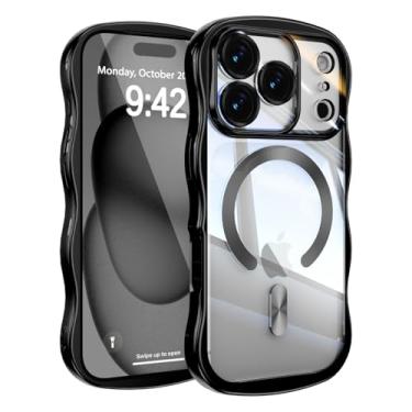 Imagem de UEEBAI Capa para iPhone 17 Pro Max, linda capa de celular magnética com moldura ondulada compatível com Magsafe, capa de celular galvanizada macia para mulheres e meninas - preta