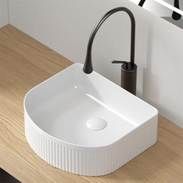 Imagem de CFMAIF Pia de vaso de bancada de banheiro, bacia de mão de cerâmica, pia pequena de porcelana acima do balcão (somente pia) (40 x 35 cm, semioval)