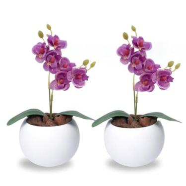 Imagem de Conjunto de orquídeas artificiais em miniatura com vaso decorativo branco e casca de pinheiro natural – arranjo de vaso artificial, plantas artificiais decorativas(PINK)