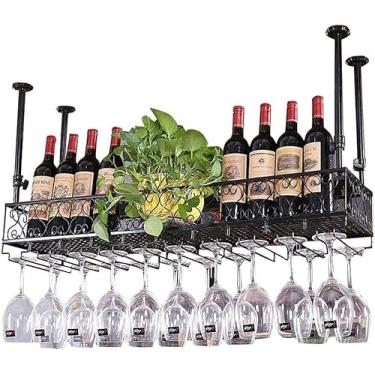 Imagem de Prateleiras de vinho de teto de metal | Suporte de copo de vinho suspenso | Suporte de garrafa de vinho vintage | Suporte de armazenamento de taças rústicas | Haste de altura ajustável no teto