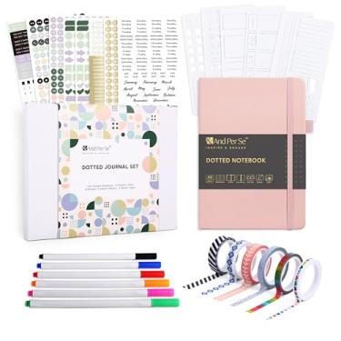 Imagem de &And Per Se Conjunto de caderno pontilhado, diário pontilhado de capa dura A5 (rosa), 6 canetas fineliner, 8 adesivos, 5 folhas de estêncil e 6 fitas Washi, suprimentos de diário para agenda
