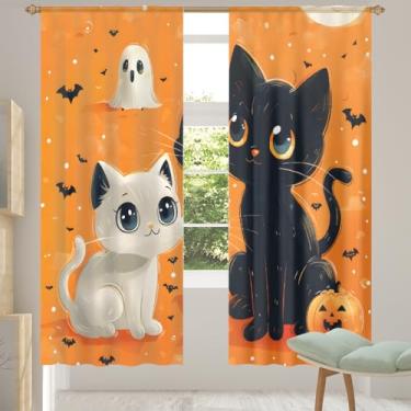 Imagem de 2 conjuntos de painéis de Halloween gato fantasma lindas cortinas transparentes arejadas com filtro leve painéis de cortina leve cortina de porta janela para sala de estar, quarto, jantar, 84