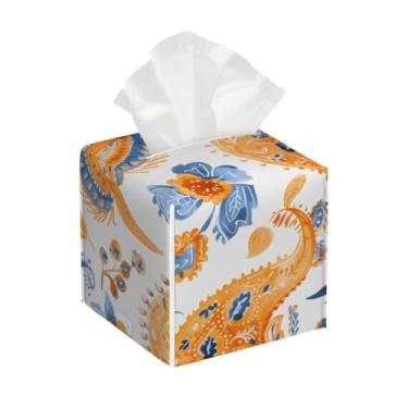 Imagem de Porta-lenços de couro quadrado impermeável étnico pelis flor abstração facial organizador de papel com cinto inferior cubo estojo de tecido para mesa banheiro escritório mesa carro decorativo