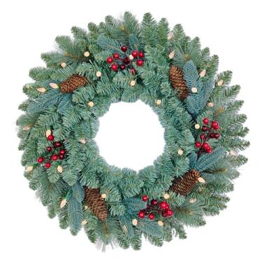 Imagem de Assilyraft Guirlanda de Natal artificial de abeto azul pré-iluminada de 66 cm com frutas vermelhas, pinhas, luzes LED multifuncionais de 40 C3 com temporizador