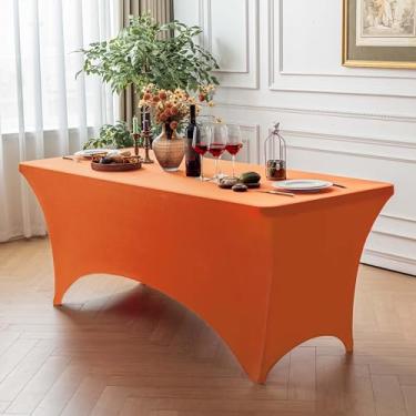 Imagem de FOLINS&HOME Toalha de mesa retangular laranja de 1,2 m com elástico, resistente à água, lavável e lavável para mesas dobráveis de 1,2 m, toalha de mesa elástica para casamentos, banquetes, festas