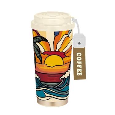 Imagem de SEHANY Caneca de viagem com palmeira de verão, 482 g, copos de café reutilizáveis revestidos de cerâmica com tampa à prova de vazamento, parede dupla, isolamento a vácuo, copo de café de aço