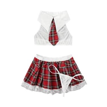 Imagem de WDIRARA Conjunto de lingerie feminina de 3 peças de fantasia de marinheiro cosplay listrado com shorts, Xadrez vermelho, Large