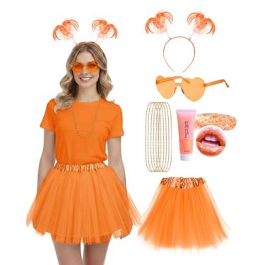 Imagem de Tinyones Conjunto de acessórios de fantasia de tutu para adultos, 10 peças, saia de tule, Halloween, anos 80, faixa de cabeça, colar com glitter corporal, Laranja, One Size